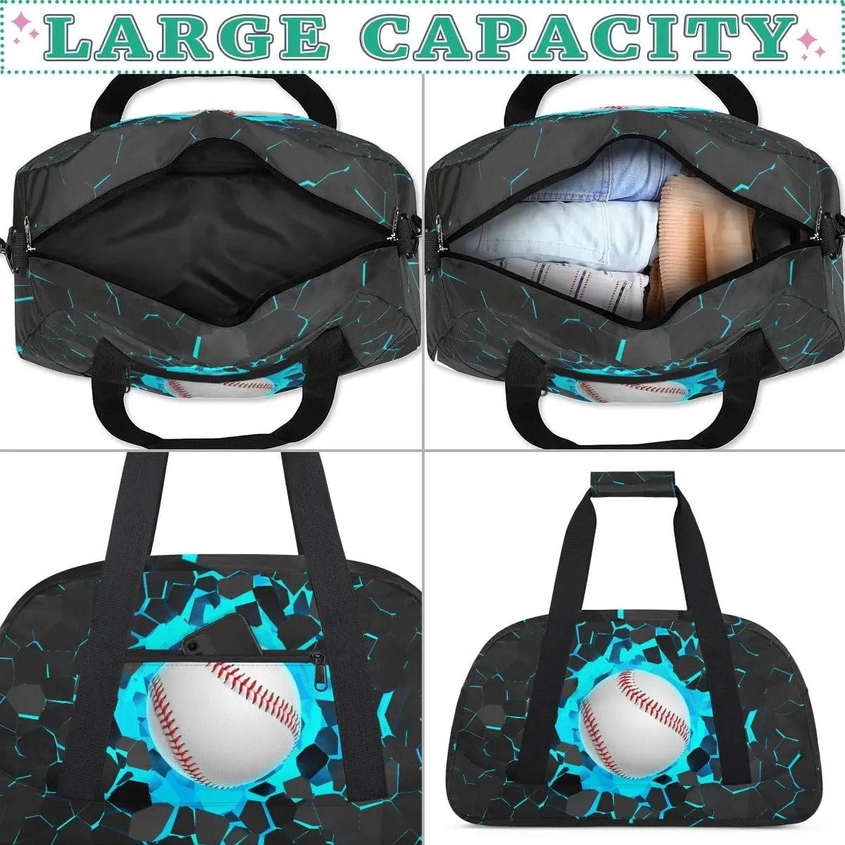 Blue 3D Baseball Kids Overnighter Duffel Bags for Boys, Carry-On Size Sports Gym Bag with Front Zipper Pocket for School Practice or Overnight Travel Weekender Sleepover Tote Bag