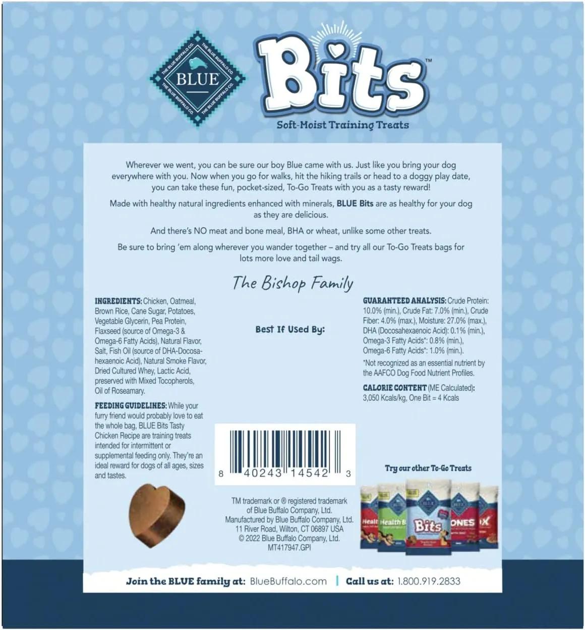 Blue Buffalo BLUE Bits Natural Soft Moist Training Dog Treats TOGO Chicken Recipe Bags