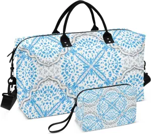 Blue Floral Motifs Travel Handle Bag Set - Multiple Compartments and Airplane Approved, Storing Travel Bag with Small Storage Bag for Weekend Getaways, Business Trips