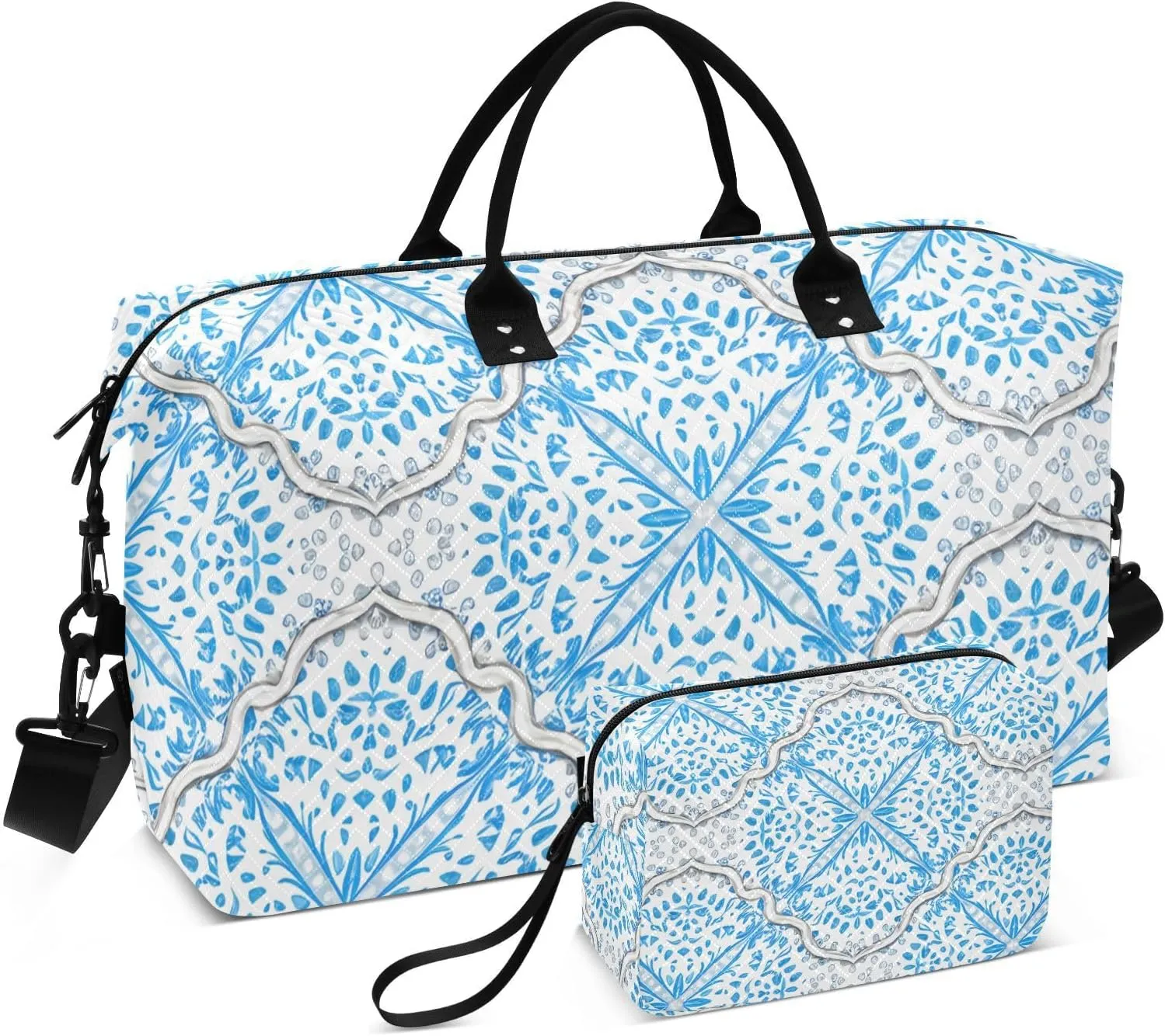 Blue Floral Motifs Travel Handle Bag Set - Multiple Compartments and Airplane Approved, Storing Travel Bag with Small Storage Bag for Weekend Getaways, Business Trips