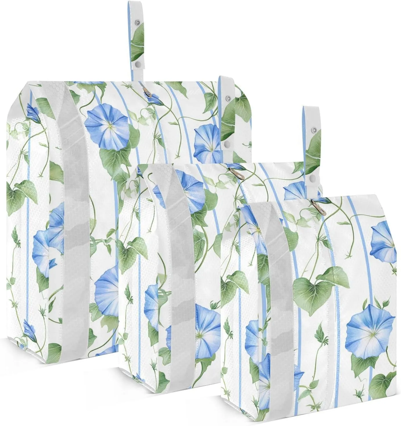 Blue Flowers Leaves Strip 3 Set Packing Travel Bags Reusable Plastic Bags For Clothes Ziplock Bag Room Organization And Storage