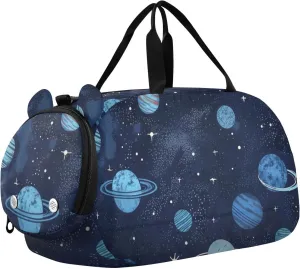 Blue Space Theme Duffle Bag for Girl, Sports Duffle Gym Bags with Shoe Compartment, Personalized Overnight Bag Travel Weekender for Kids