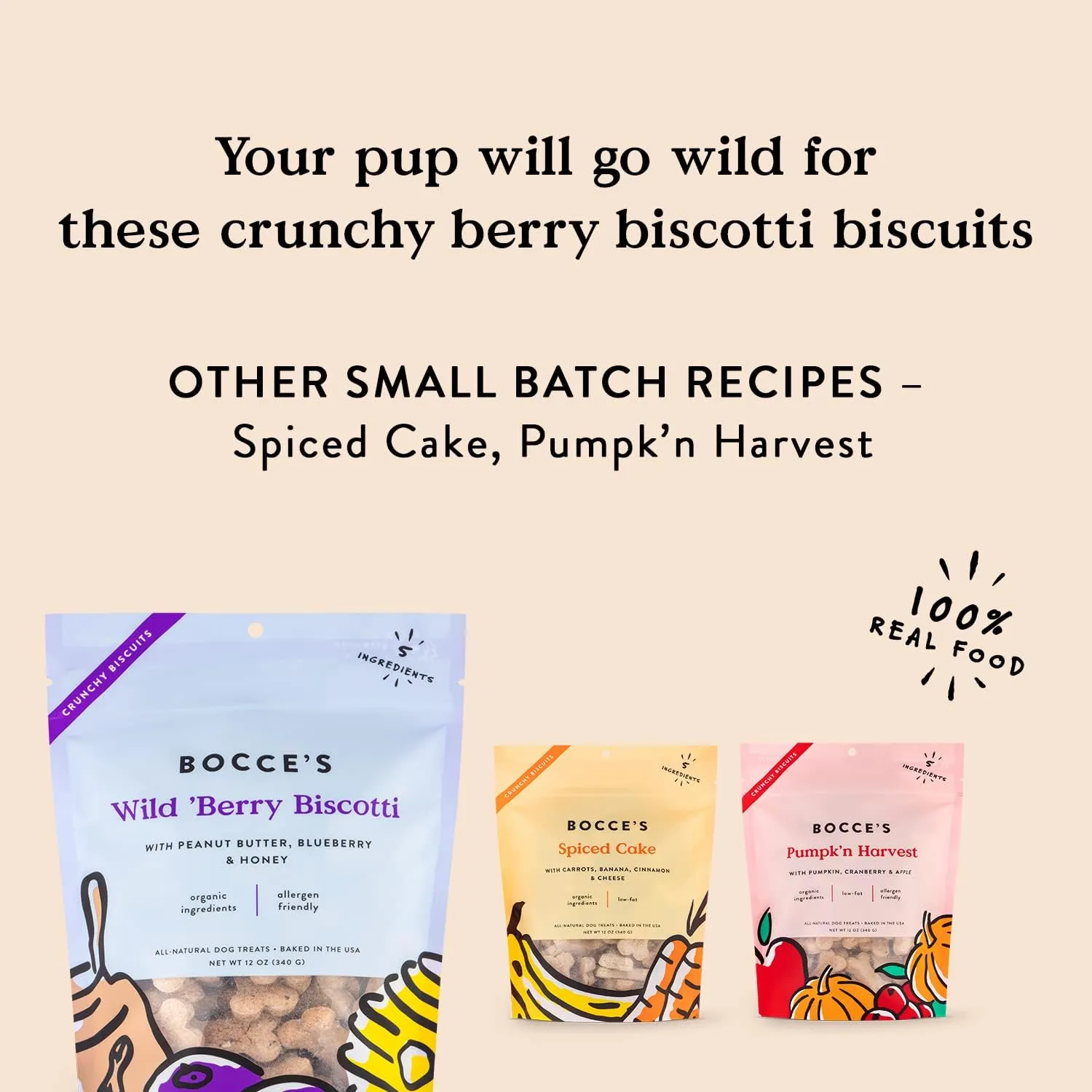Bocce's Bakery All-Natural, Small Batch, Organic Dog Treats, Wild 'Berry Biscotti Biscuits, Wheat-Free, Limited-Ingredient, Made in The USA with 100% Recyclable Packaging, 12 oz Bag