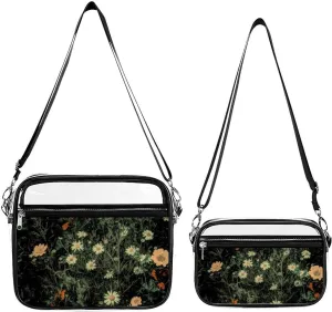 Bohemian White Daisy Wildflower Black Floral Transparent Cross Bag Two-piece Set, Fashionable Transparent Bag