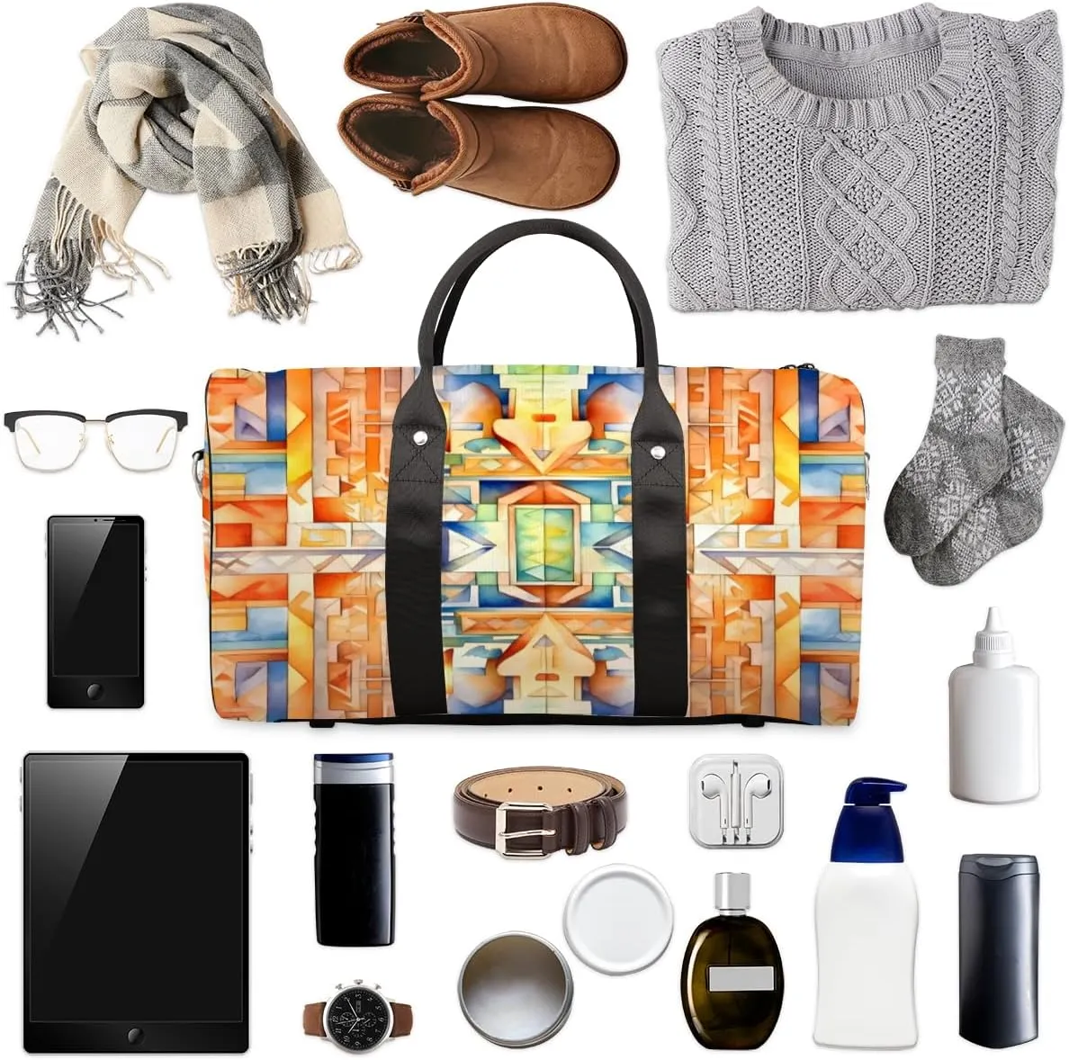Boho Mid Century Travel Duffle Bag, Sports Gym Bags for Women Men, Carry On Weekender Overnight Bag, Modern Abstract Geometric Art Workout Hospital Airplane Trips Bag