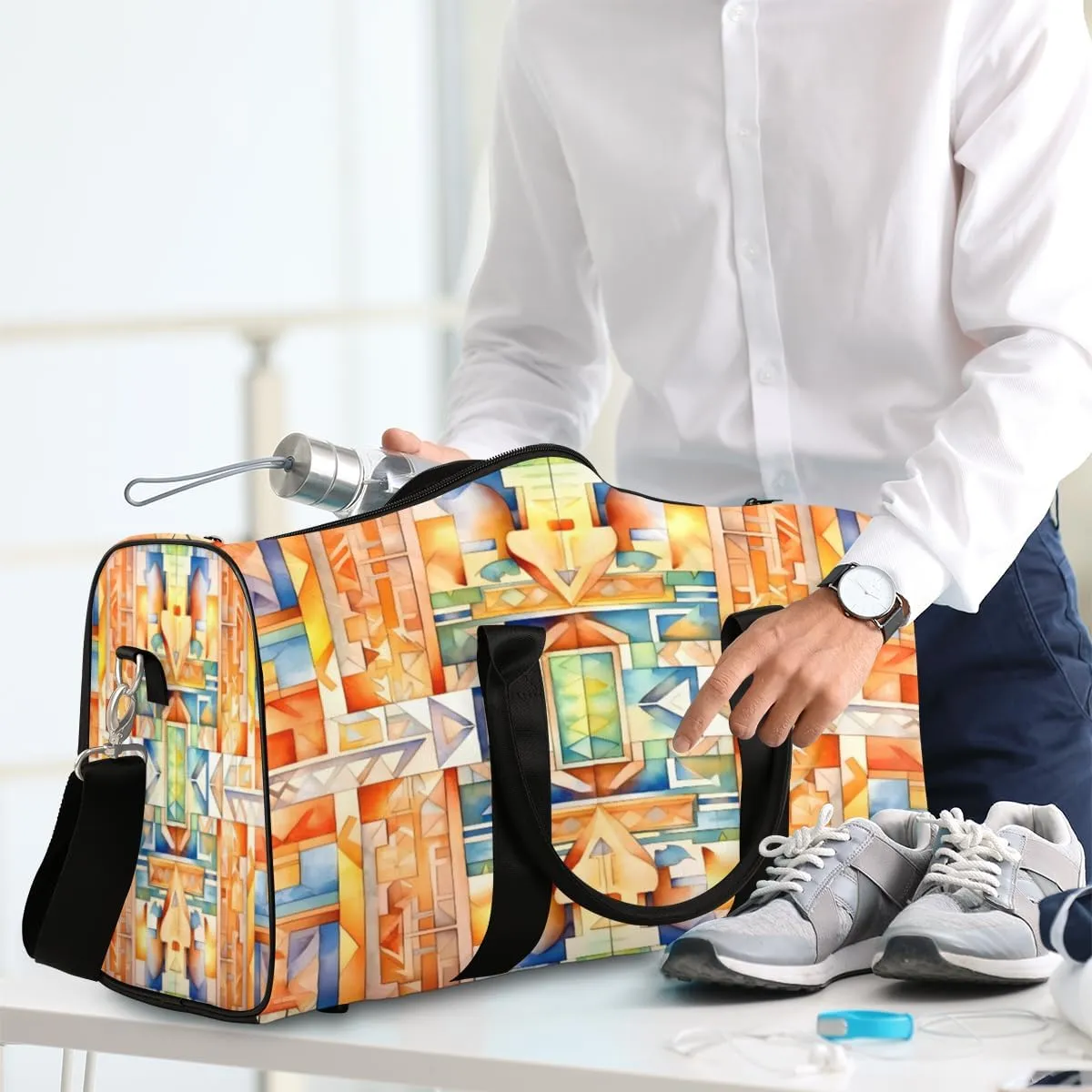 Boho Mid Century Travel Duffle Bag, Sports Gym Bags for Women Men, Carry On Weekender Overnight Bag, Modern Abstract Geometric Art Workout Hospital Airplane Trips Bag