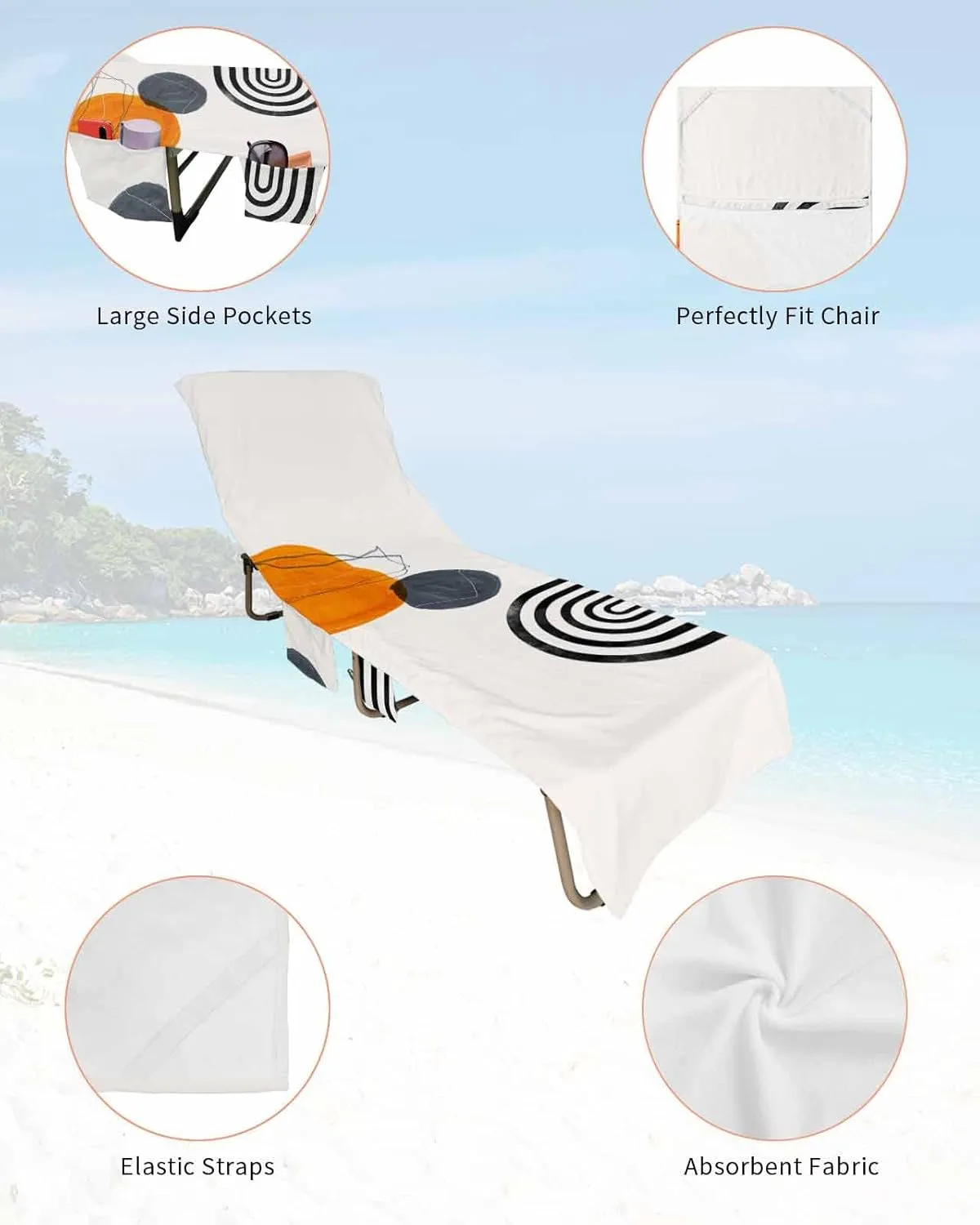 Boho Middle Century Chaise Lounger Cover with Pockets, Pool Lounge Chair Covers 85"x29", Modern Geometric Abstract Art Microfiber Beach Chair Cover for Outdoor Patio Sunbathing