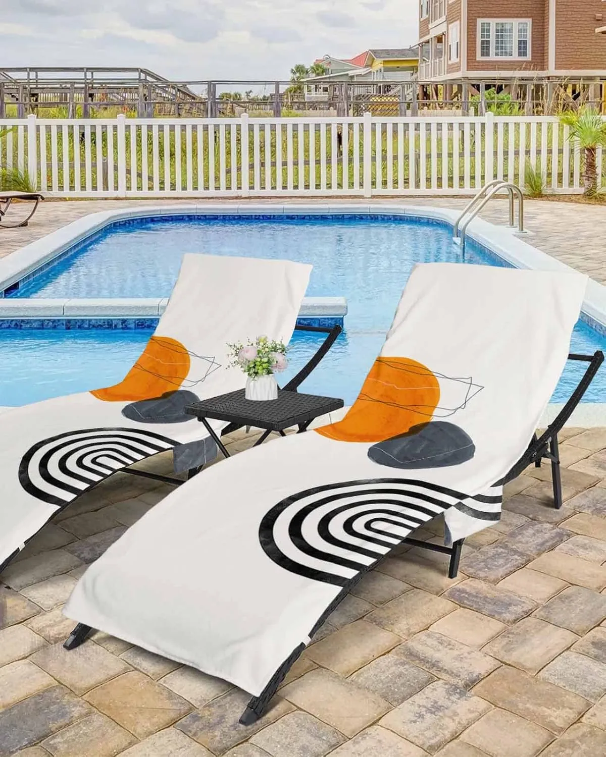 Boho Middle Century Chaise Lounger Cover with Pockets, Pool Lounge Chair Covers 85"x29", Modern Geometric Abstract Art Microfiber Beach Chair Cover for Outdoor Patio Sunbathing