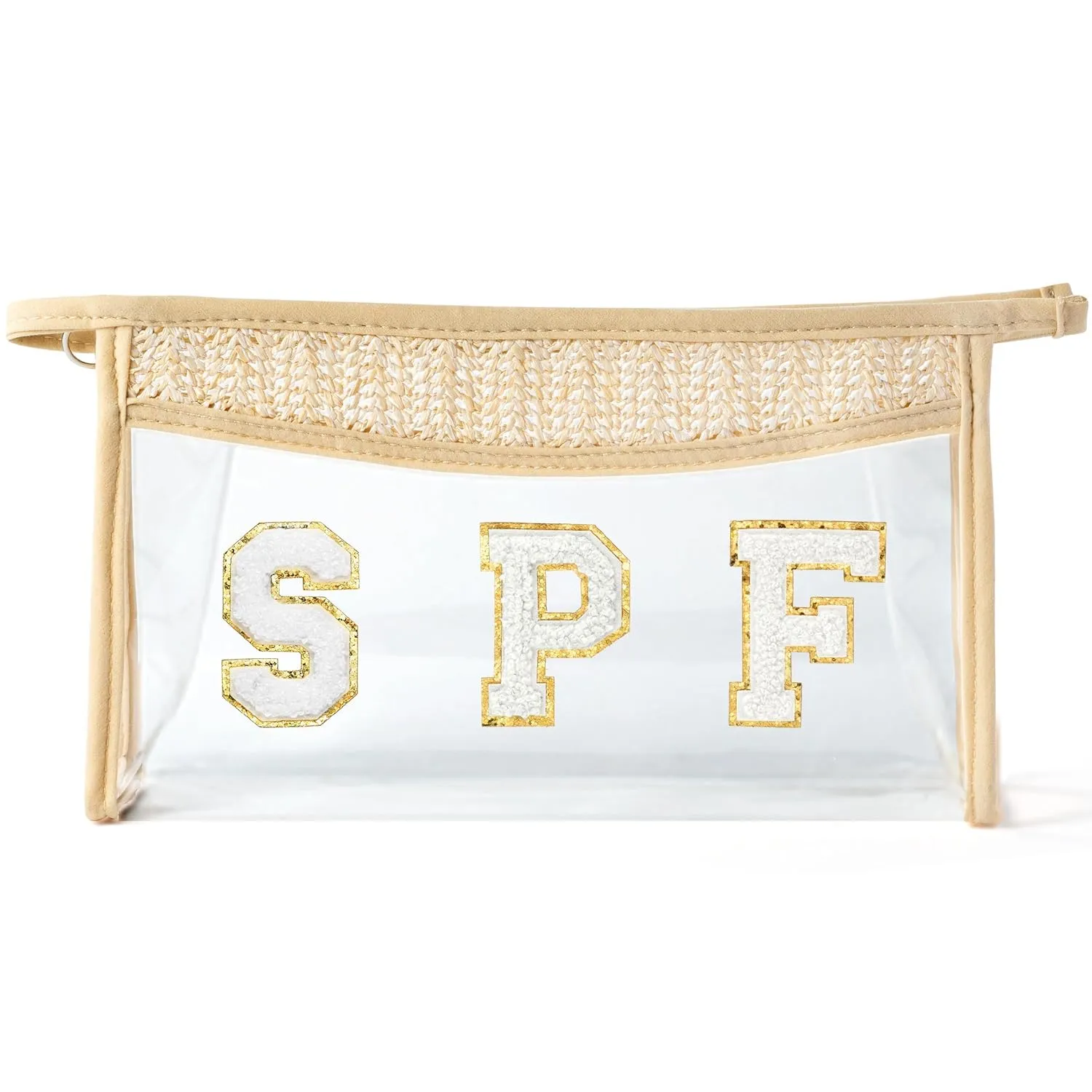 Boho Patch Cosmetic Bag - Summer Gifts SPF Chenille Varsity Letter Toiletry Kit Beige Clear Waterproof Travel Makeup Bag PVC Zipper Clutch Daily Use Purse for Women Girls