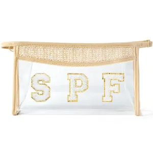 Boho Patch Cosmetic Bag - Summer Gifts SPF Chenille Varsity Letter Toiletry Kit Beige Clear Waterproof Travel Makeup Bag PVC Zipper Clutch Daily Use Purse for Women Girls