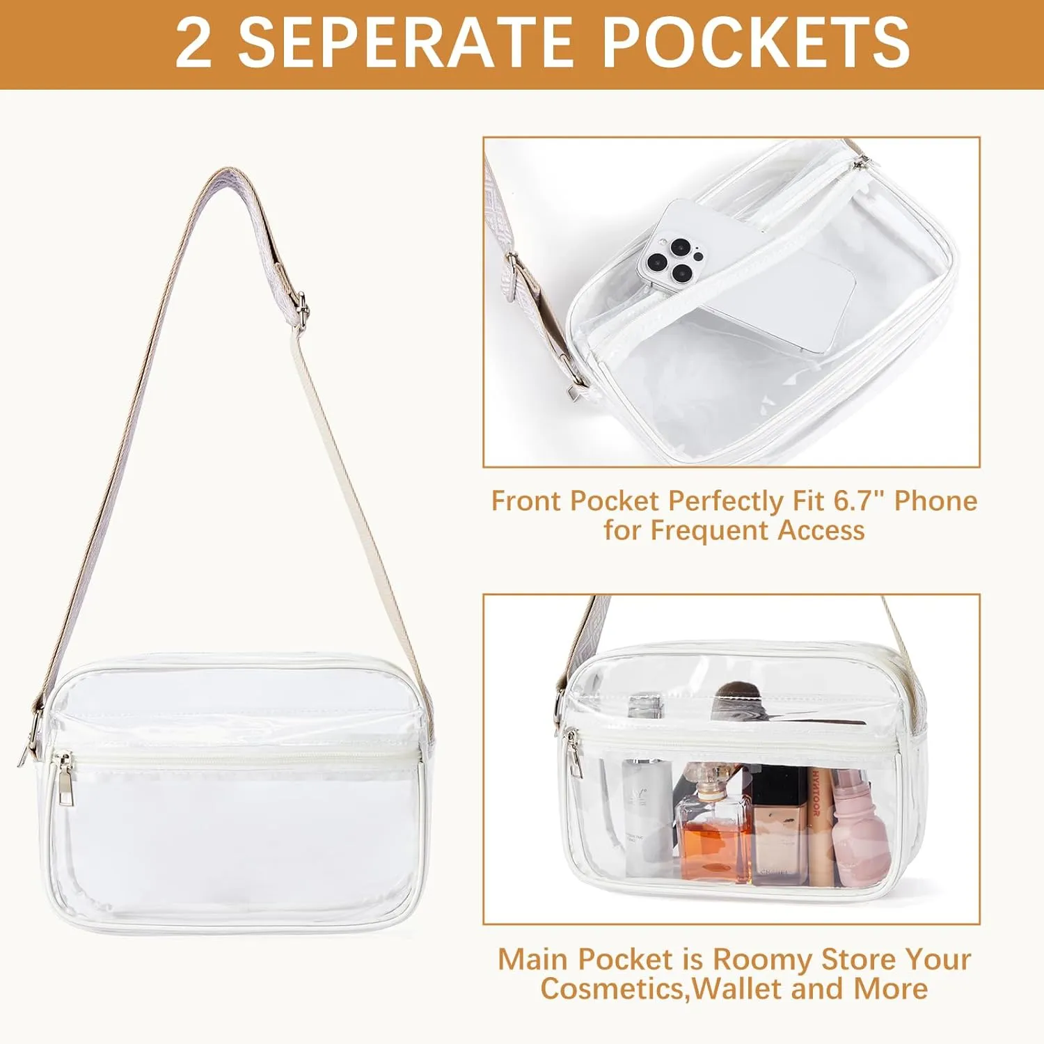 BOSTANTEN Clear Bag for Women Stadium Approved Clear Bags Small Crossbody Purse Trendy for Concerts Sports Events