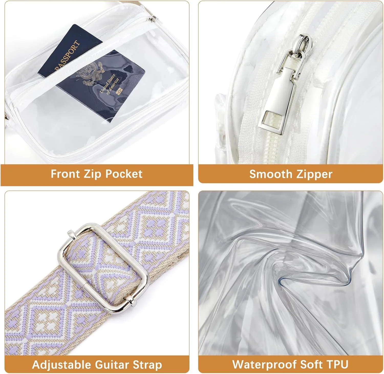 BOSTANTEN Clear Bag for Women Stadium Approved Clear Bags Small Crossbody Purse Trendy for Concerts Sports Events