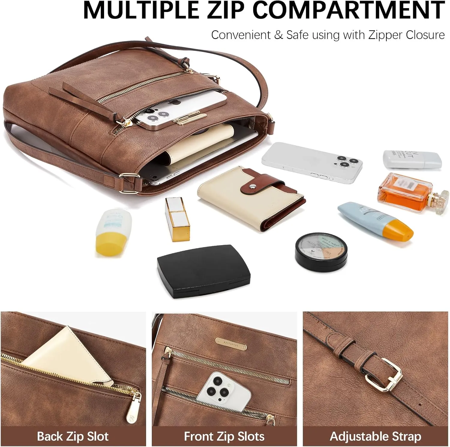 BOSTANTEN Crossbody Bags Purses for Women Trendy Soft Vegan Leather Shoulder Handbags with Adjustable Strap Zipper Pocket