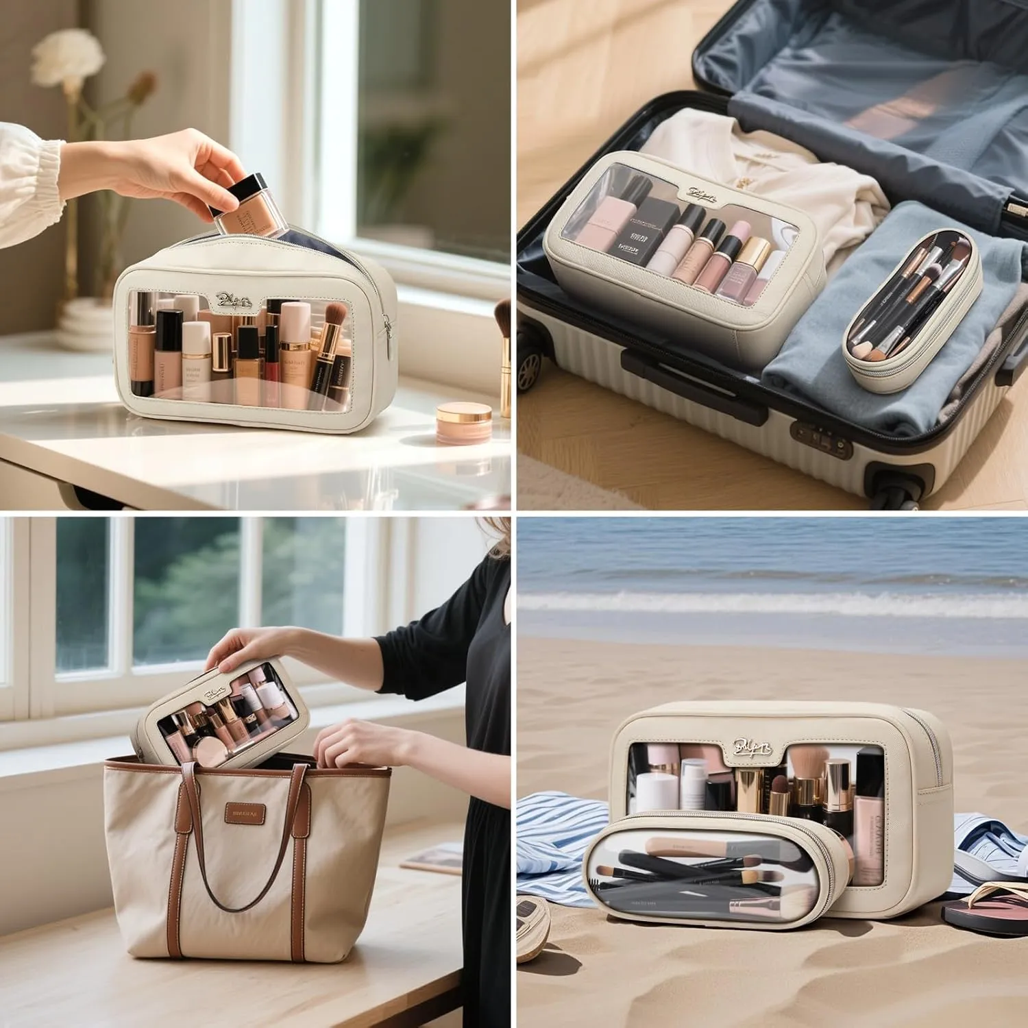 BOYATU Clear Travel Makeup Bag: 2 Pcs Set Make up Bag - Cosmetic Bags for Women - Waterproof Toiletry Bags Skincare Pouch (01-Off white)