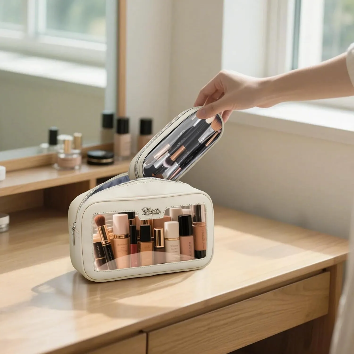 BOYATU Clear Travel Makeup Bag: 2 Pcs Set Make up Bag - Cosmetic Bags for Women - Waterproof Toiletry Bags Skincare Pouch (01-Off white)