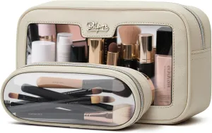BOYATU Clear Travel Makeup Bag: 2 Pcs Set Make up Bag - Cosmetic Bags for Women - Waterproof Toiletry Bags Skincare Pouch (01-Off white)