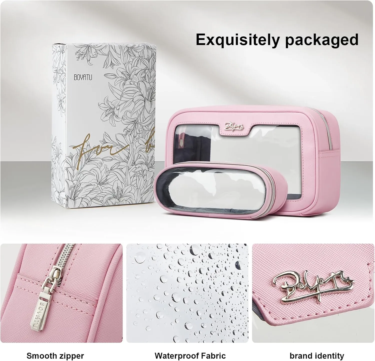 BOYATU Makeup Bag Travel Cosmetic Bag: 2 Pcs Set Large Capacity Make up Bags for Women - Waterproof Clear Toiletry Bags for Vacation Essentials (01-Pink)