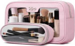 BOYATU Makeup Bag Travel Cosmetic Bag: 2 Pcs Set Large Capacity Make up Bags for Women - Waterproof Clear Toiletry Bags for Vacation Essentials (01-Pink)