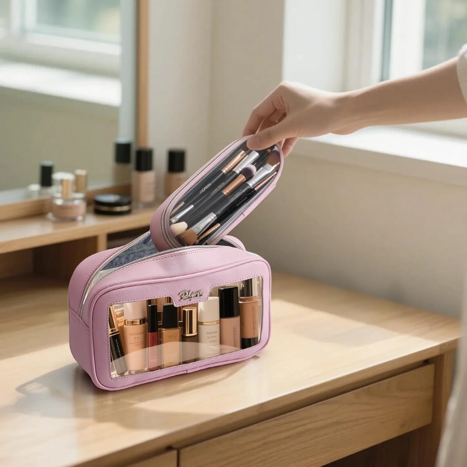 BOYATU Makeup Bag Travel Cosmetic Bag: 2 Pcs Set Large Capacity Make up Bags for Women - Waterproof Clear Toiletry Bags for Vacation Essentials (01-Pink)
