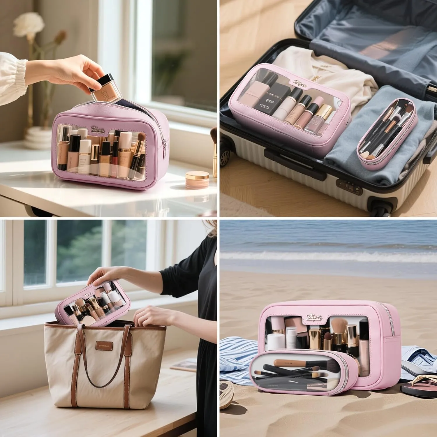 BOYATU Makeup Bag Travel Cosmetic Bag: 2 Pcs Set Large Capacity Make up Bags for Women - Waterproof Clear Toiletry Bags for Vacation Essentials (01-Pink)