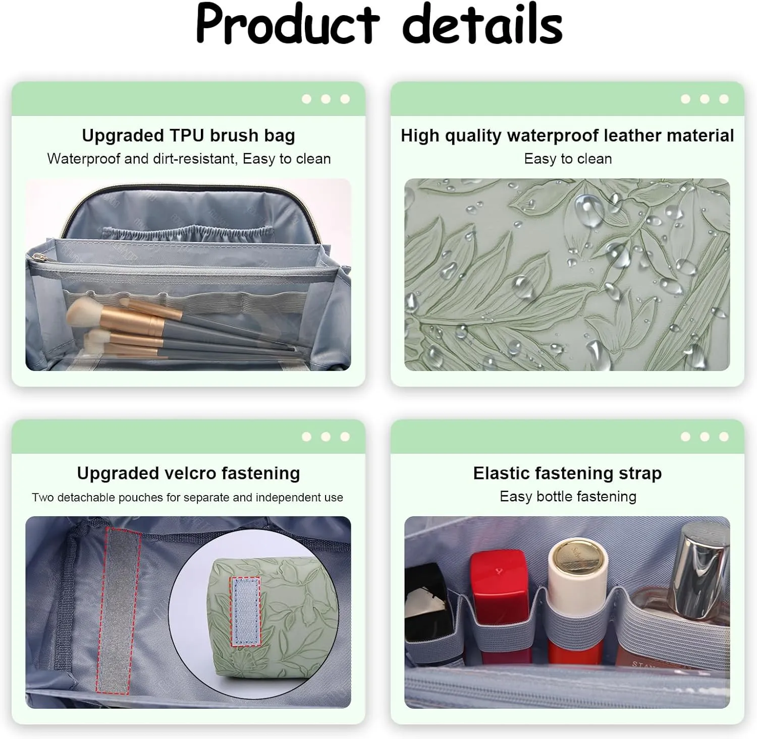 BOYATU Travel Makeup Bags Cosmetic Organizer Bag: 3-Set Large Capacity Make up Bag - PU Leather Toiletry Bags for Women - Wide Open Portable Pouch with Divider & Handle (02-Light Green)