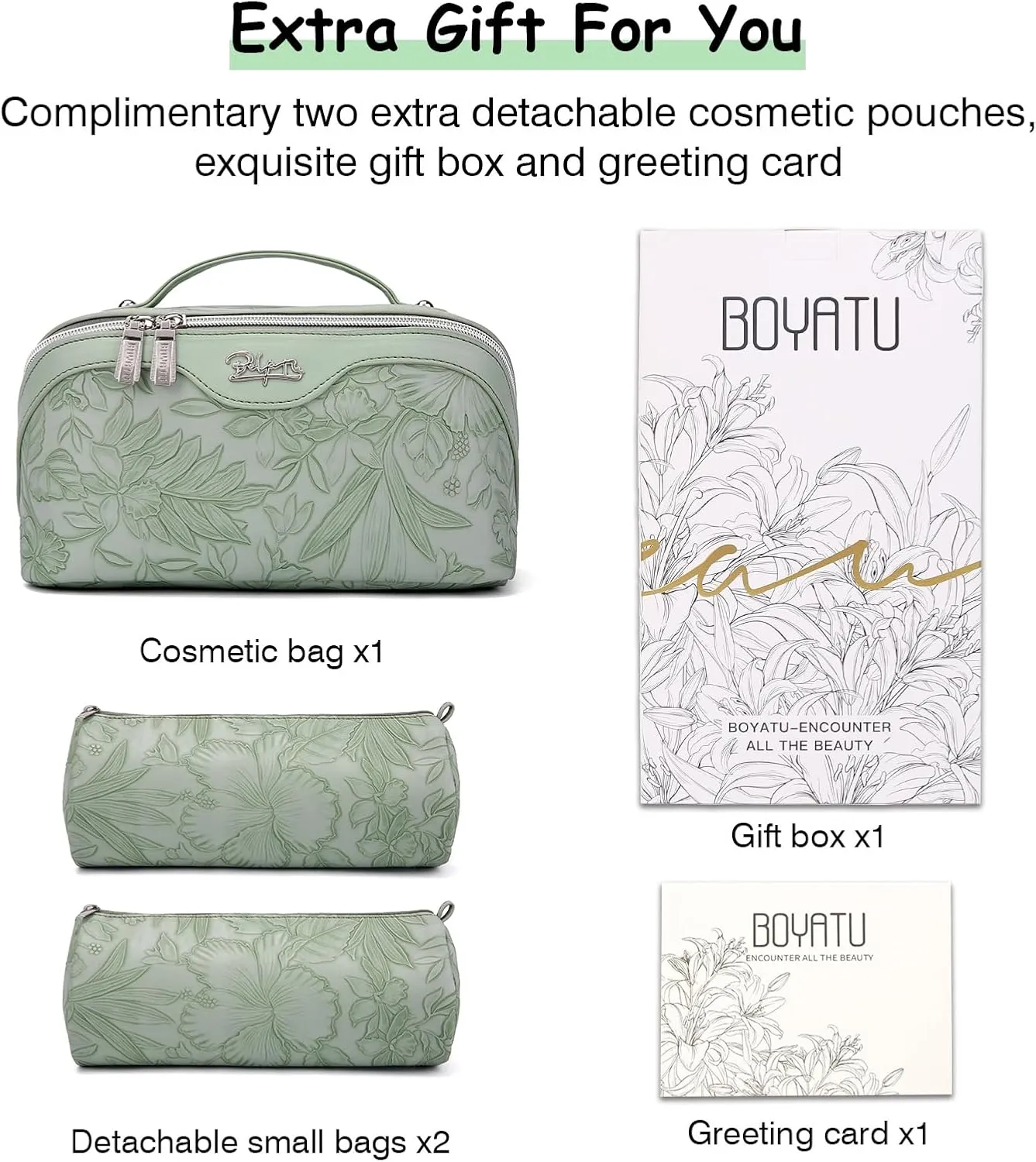 BOYATU Travel Makeup Bags Cosmetic Organizer Bag: 3-Set Large Capacity Make up Bag - PU Leather Toiletry Bags for Women - Wide Open Portable Pouch with Divider & Handle (02-Light Green)