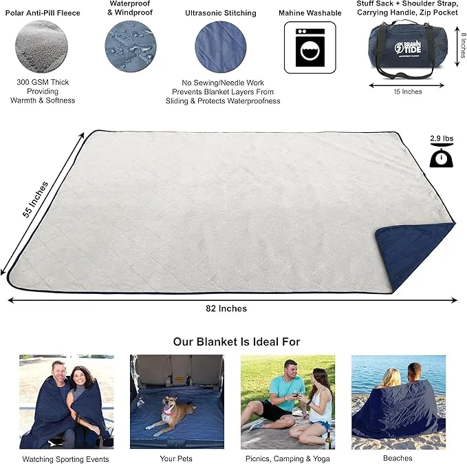 BRAWNTIDE Large Outdoor Waterproof Blanket - Quilted, Extra Thick Fleece, Warm, Windproof, Sandproof, Includes Stuff Sack, Shoulder Strap, Ideal for Beaches, Picnics, Camping, Stadiums, Dogs, Car