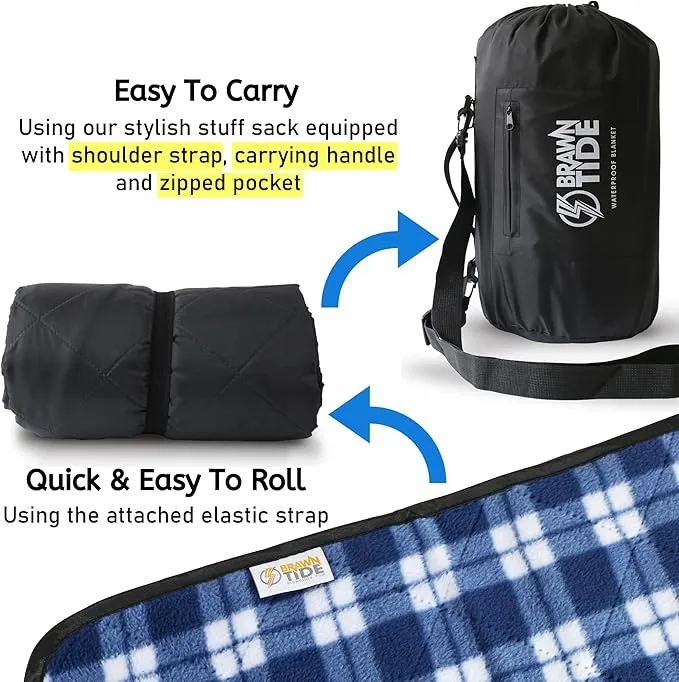BRAWNTIDE Large Outdoor Waterproof Blanket - Quilted, Extra Thick Fleece, Warm, Windproof, Sandproof, Includes Stuff Sack, Shoulder Strap, Ideal for Beaches, Picnics, Camping, Stadiums, Dogs, Car