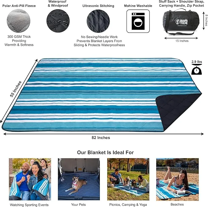 BRAWNTIDE Large Outdoor Waterproof Blanket - Quilted, Extra Thick Fleece, Warm, Windproof, Sandproof, Includes Stuff Sack, Shoulder Strap, Ideal for Beaches, Picnics, Camping, Stadiums, Dogs, Car
