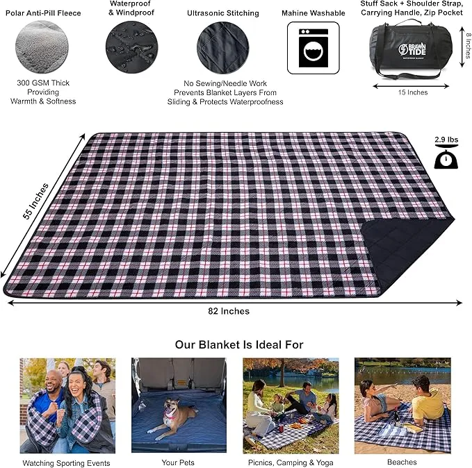 BRAWNTIDE Large Outdoor Waterproof Blanket - Quilted, Extra Thick Fleece, Warm, Windproof, Sandproof, Includes Stuff Sack, Shoulder Strap, Ideal for Beaches, Picnics, Camping, Stadiums, Dogs, Car