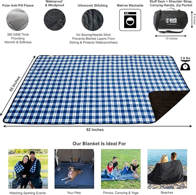 BRAWNTIDE Large Outdoor Waterproof Blanket - Quilted, Extra Thick Fleece, Warm, Windproof, Sandproof, Includes Stuff Sack, Shoulder Strap, Ideal for Beaches, Picnics, Camping, Stadiums, Dogs, Car