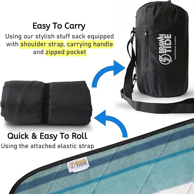 BRAWNTIDE Large Outdoor Waterproof Blanket - Quilted, Extra Thick Fleece, Warm, Windproof, Sandproof, Includes Stuff Sack, Shoulder Strap, Ideal for Beaches, Picnics, Camping, Stadiums, Dogs, Car