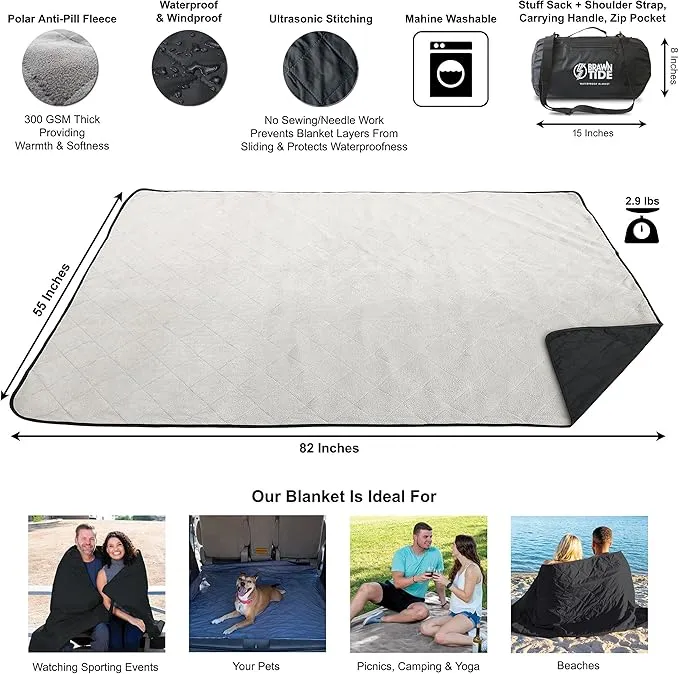 BRAWNTIDE Large Outdoor Waterproof Blanket - Quilted, Extra Thick Fleece, Warm, Windproof, Sandproof, Includes Stuff Sack, Shoulder Strap, Ideal for Beaches, Picnics, Camping, Stadiums, Dogs, Car