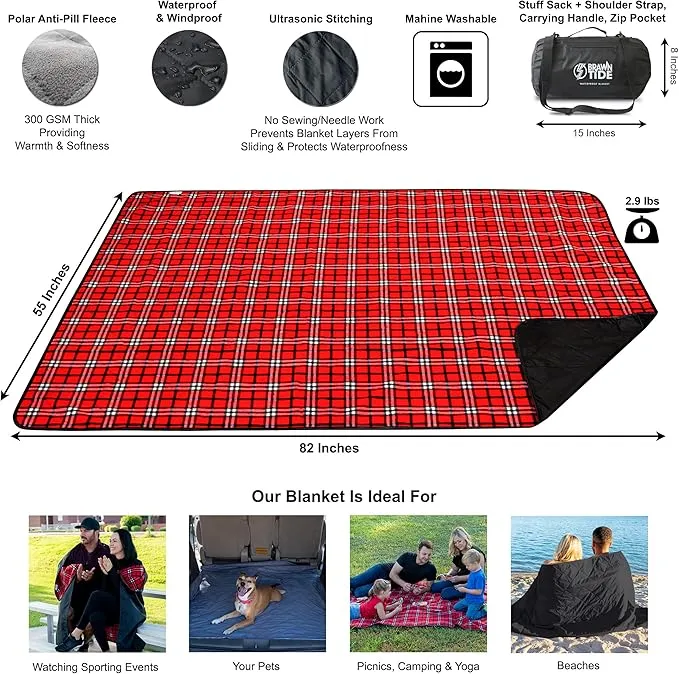 BRAWNTIDE Large Outdoor Waterproof Blanket - Quilted, Extra Thick Fleece, Warm, Windproof, Sandproof, Includes Stuff Sack, Shoulder Strap, Ideal for Beaches, Picnics, Camping, Stadiums, Dogs, Car