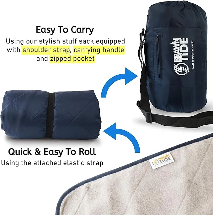 BRAWNTIDE Large Outdoor Waterproof Blanket - Quilted, Extra Thick Fleece, Warm, Windproof, Sandproof, Includes Stuff Sack, Shoulder Strap, Ideal for Beaches, Picnics, Camping, Stadiums, Dogs, Car