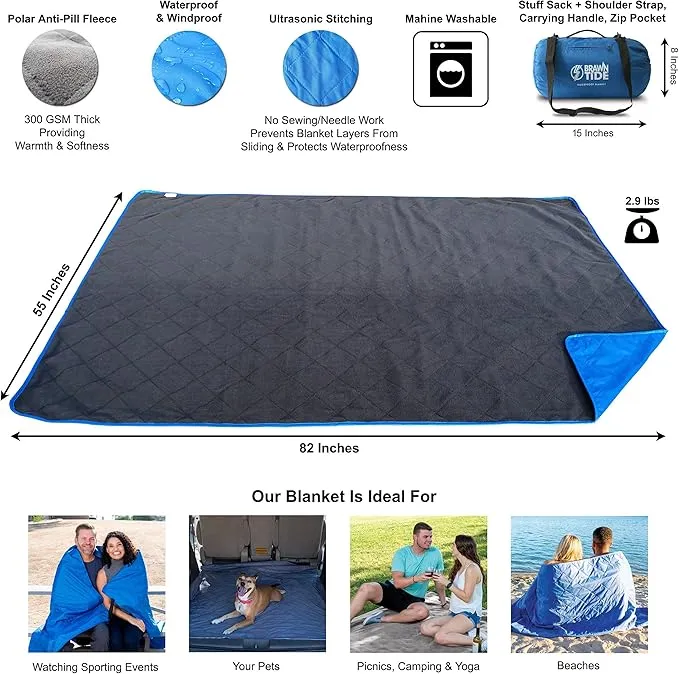 BRAWNTIDE Large Outdoor Waterproof Blanket - Quilted, Extra Thick Fleece, Warm, Windproof, Sandproof, Includes Stuff Sack, Shoulder Strap, Ideal for Beaches, Picnics, Camping, Stadiums, Dogs, Car