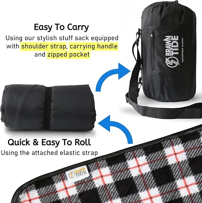 BRAWNTIDE Large Outdoor Waterproof Blanket - Quilted, Extra Thick Fleece, Warm, Windproof, Sandproof, Includes Stuff Sack, Shoulder Strap, Ideal for Beaches, Picnics, Camping, Stadiums, Dogs, Car