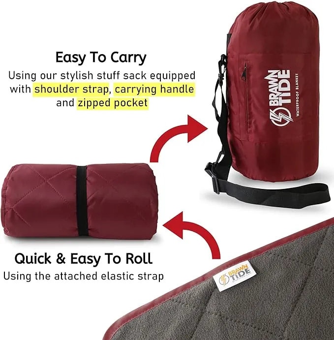BRAWNTIDE Large Outdoor Waterproof Blanket - Quilted, Extra Thick Fleece, Warm, Windproof, Sandproof, Includes Stuff Sack, Shoulder Strap, Ideal for Beaches, Picnics, Camping, Stadiums, Dogs, Car