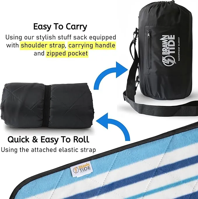 BRAWNTIDE Large Outdoor Waterproof Blanket - Quilted, Extra Thick Fleece, Warm, Windproof, Sandproof, Includes Stuff Sack, Shoulder Strap, Ideal for Beaches, Picnics, Camping, Stadiums, Dogs, Car