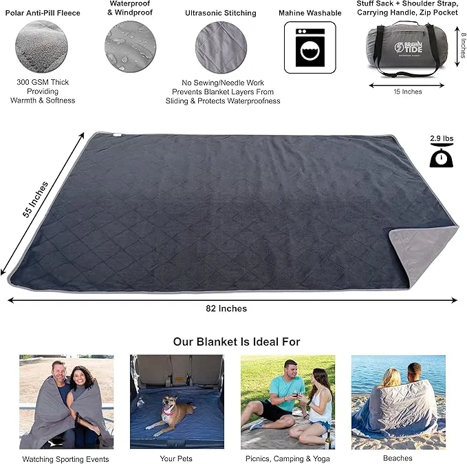 BRAWNTIDE Large Outdoor Waterproof Blanket - Quilted, Extra Thick Fleece, Warm, Windproof, Sandproof, Includes Stuff Sack, Shoulder Strap, Ideal for Beaches, Picnics, Camping, Stadiums, Dogs, Car