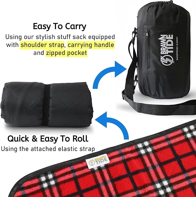 BRAWNTIDE Large Outdoor Waterproof Blanket - Quilted, Extra Thick Fleece, Warm, Windproof, Sandproof, Includes Stuff Sack, Shoulder Strap, Ideal for Beaches, Picnics, Camping, Stadiums, Dogs, Car