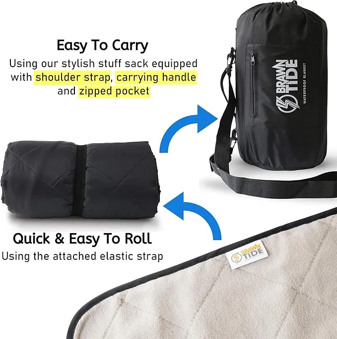 BRAWNTIDE Large Outdoor Waterproof Blanket - Quilted, Extra Thick Fleece, Warm, Windproof, Sandproof, Includes Stuff Sack, Shoulder Strap, Ideal for Beaches, Picnics, Camping, Stadiums, Dogs, Car