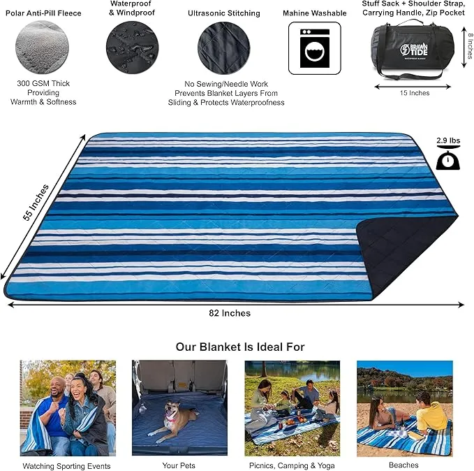 BRAWNTIDE Large Outdoor Waterproof Blanket - Quilted, Extra Thick Fleece, Warm, Windproof, Sandproof, Includes Stuff Sack, Shoulder Strap, Ideal for Beaches, Picnics, Camping, Stadiums, Dogs, Car