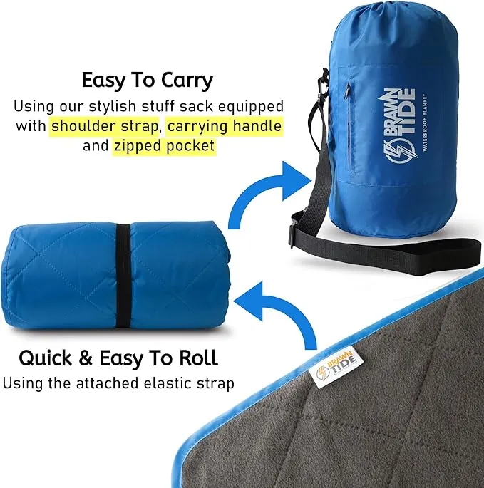 BRAWNTIDE Large Outdoor Waterproof Blanket - Quilted, Extra Thick Fleece, Warm, Windproof, Sandproof, Includes Stuff Sack, Shoulder Strap, Ideal for Beaches, Picnics, Camping, Stadiums, Dogs, Car