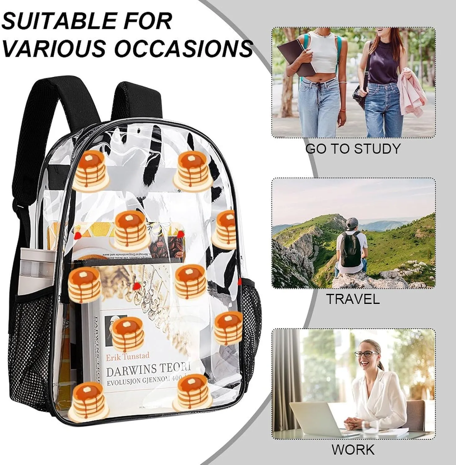 Breakfast Stake Pancakes Heavy Duty Clear Backpack for Women Men Large Capacity Transparent See Through Bag for Concert Stadium Events with Waterproof PVC