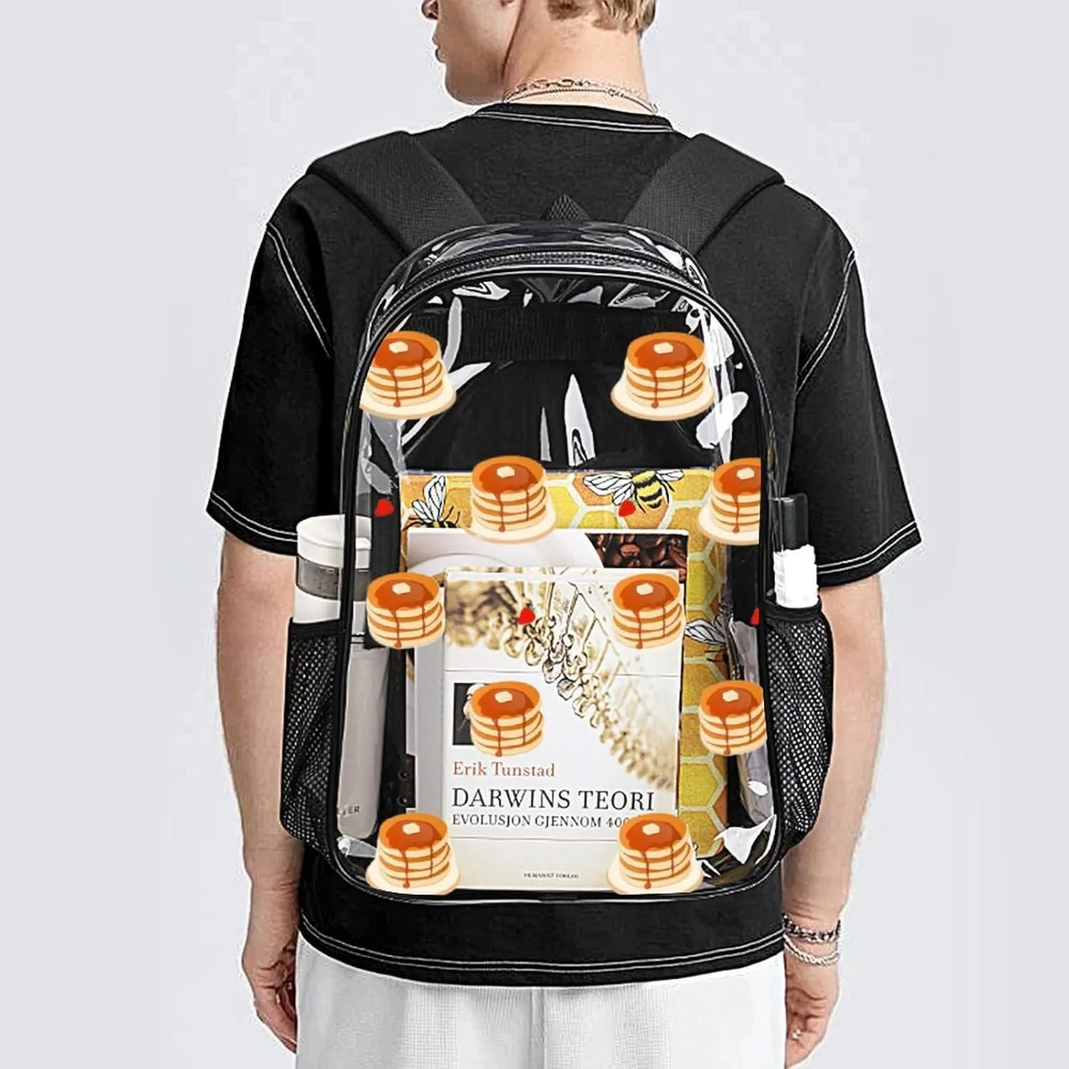 Breakfast Stake Pancakes Heavy Duty Clear Backpack for Women Men Large Capacity Transparent See Through Bag for Concert Stadium Events with Waterproof PVC