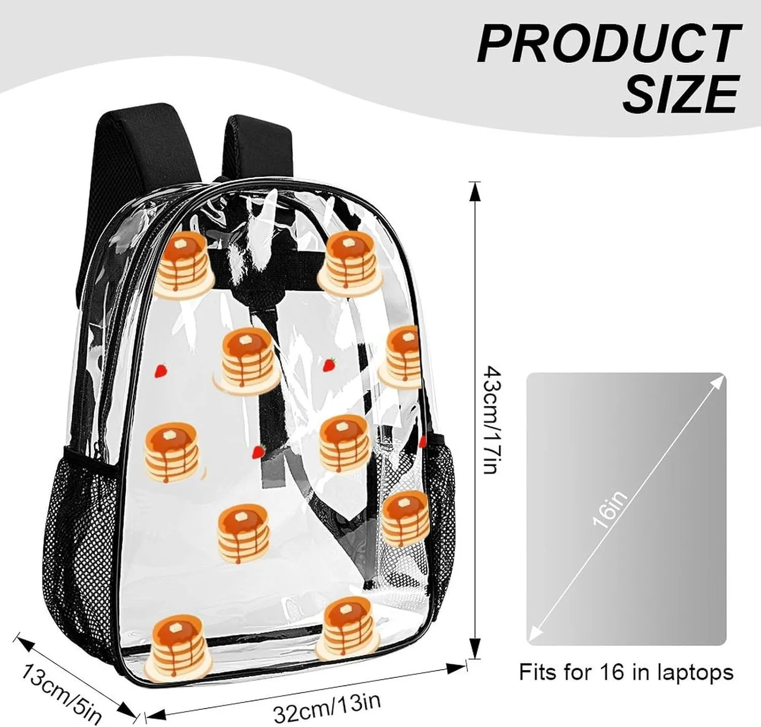Breakfast Stake Pancakes Heavy Duty Clear Backpack for Women Men Large Capacity Transparent See Through Bag for Concert Stadium Events with Waterproof PVC