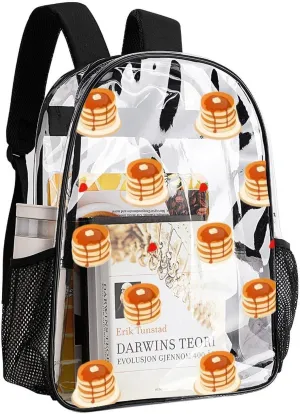 Breakfast Stake Pancakes Heavy Duty Clear Backpack for Women Men Large Capacity Transparent See Through Bag for Concert Stadium Events with Waterproof PVC