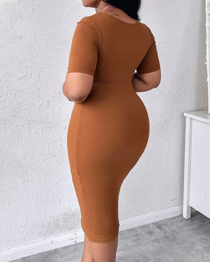 Built-in Removable Shapewear Bra Pad Bodycon Midi Dress Knitted Ribbed Square Neck Short Sleeve Basic Party Dresses