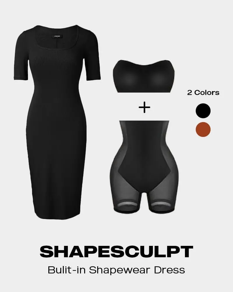 Built-in Removable Shapewear Bra Pad Bodycon Midi Dress Knitted Ribbed Square Neck Short Sleeve Basic Party Dresses